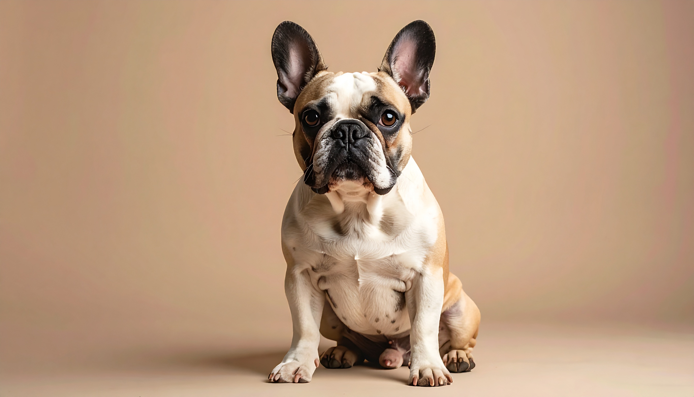 Um adorável buldogue francês sentado contra um fundo neutro, transmitindo uma expressão curiosa e relaxada. A iluminação suave destaca suas características faciais únicas, criando uma atmosfera de ternura e tranquilidade. Ideal para temas de estimação, amor por animais e estilo de vida canino.